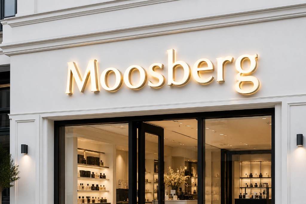 LED-Leuchtbuchstaben „Moosberg“ – beleuchtete Fassadenbeschriftung an einem Geschäftseingang