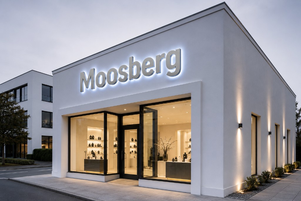 Beispielvisualisierung: LED-Leuchtbuchstaben „Moosberg“ an einer modernen Fassade – so könnte es bei Ihnen aussehen