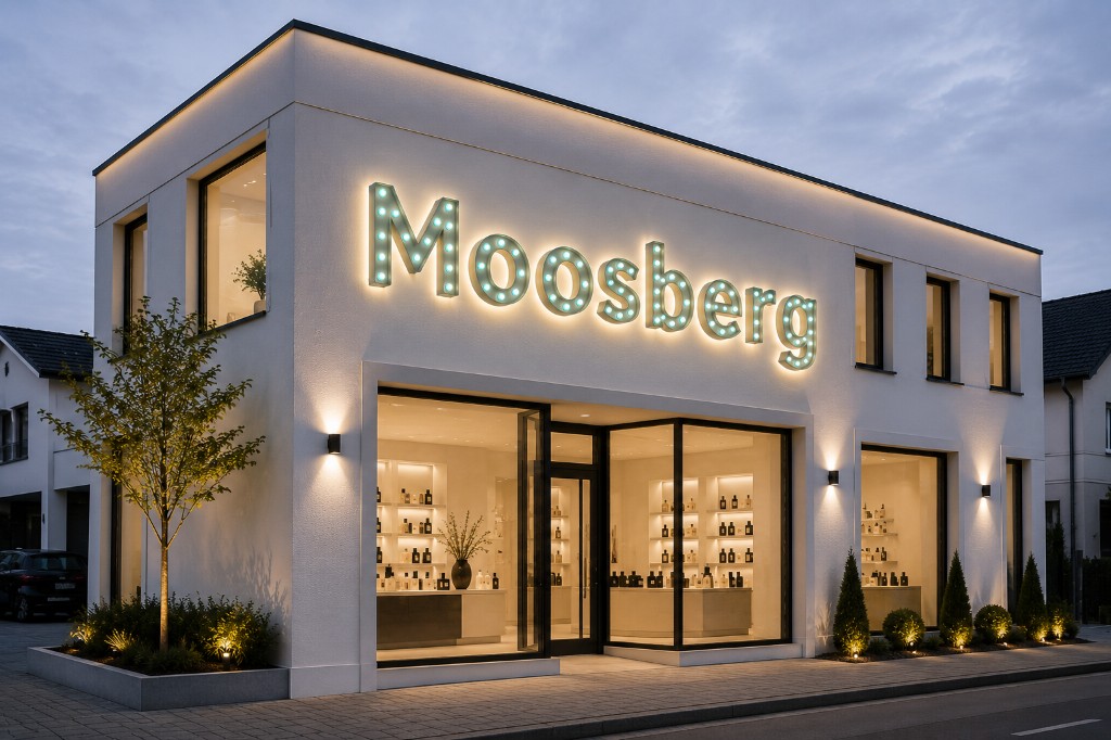 Beispielvisualisierung: LED-Leuchtbuchstaben „Moosberg“ mit Marquee-Beleuchtung an einer zweistöckigen Fassade