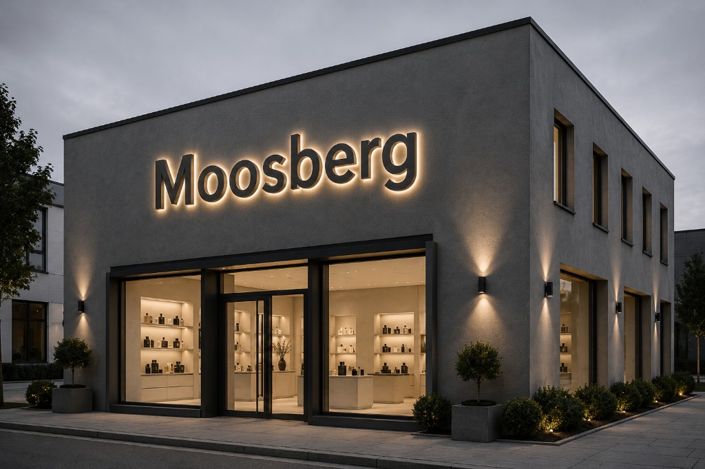 Beispielvisualisierung: LED-Leuchtbuchstaben „Moosberg“ mit warmem Halo-Effekt an einer grauen Fassade